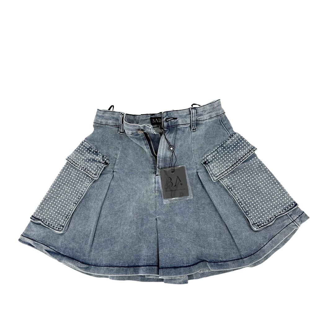 NWT Balboa Pleated Denim Cargo Mini Skirt S Blue Rhinestone Cyber Y2K Festival